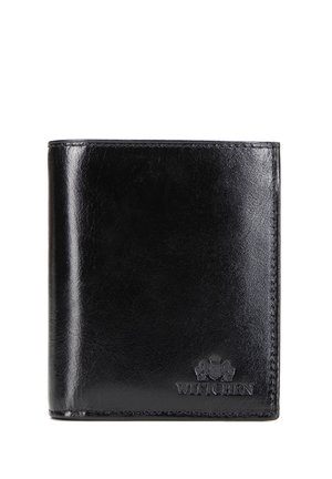Cartera negra de cuero de doble pliegue con bordes cosidos y logo Wittchen en relieve en la esquina inferior derecha.