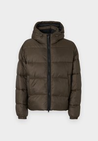 Chaqueta acolchada con capucha en color marrón, diseño acolchado, cierre frontal con cremallera y puños elásticos. Material suave e insulated para mayor calor.