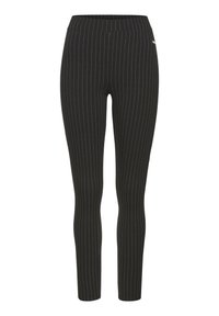 Zwarte leggings met verticale witte strepen, elastische tailleband, slim fit en een gladde textuur, geschikt voor casual of formele kleding.