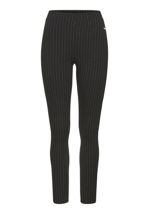 Zwarte leggings met verticale witte strepen, elastische tailleband, slim fit en een gladde textuur, geschikt voor casual of formele kleding.