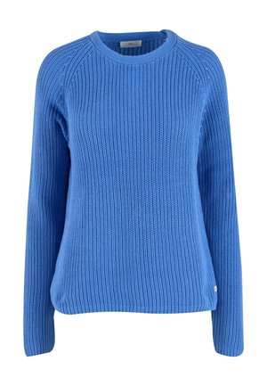 Blå strikket sweater med rund hals, ribbet struktur og lange ærmer. Har en lige kant og et lille logo-accent på siden.