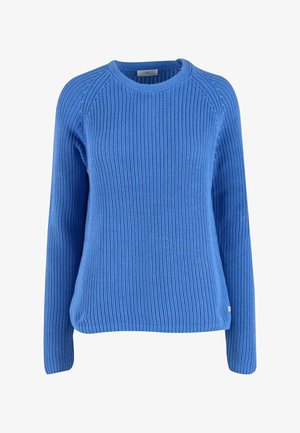 Pull en tricot bleu avec un col rond, texture côtelée et manches longues. Doté d'un ourlet droit et d'un petit accent de logo sur le côté.