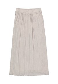 Falda midi plisada en tejido beige claro con un suave brillo. Cintura elástica para mayor comodidad, textura suave y diseño fluido.