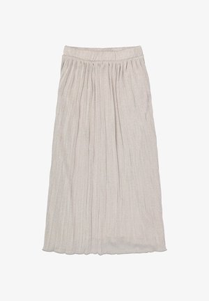 Plisse midi rok van lichtbeige stof met een subtiele glans. Elastische tailleband voor comfort, zachte textuur en vloeiende ontwerp.