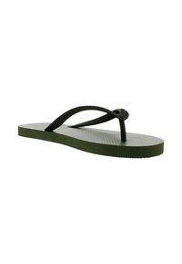 Black rubber flip-flop with textured straps, green sole, and minimalist design. Features a thong-style upper for easy wear.