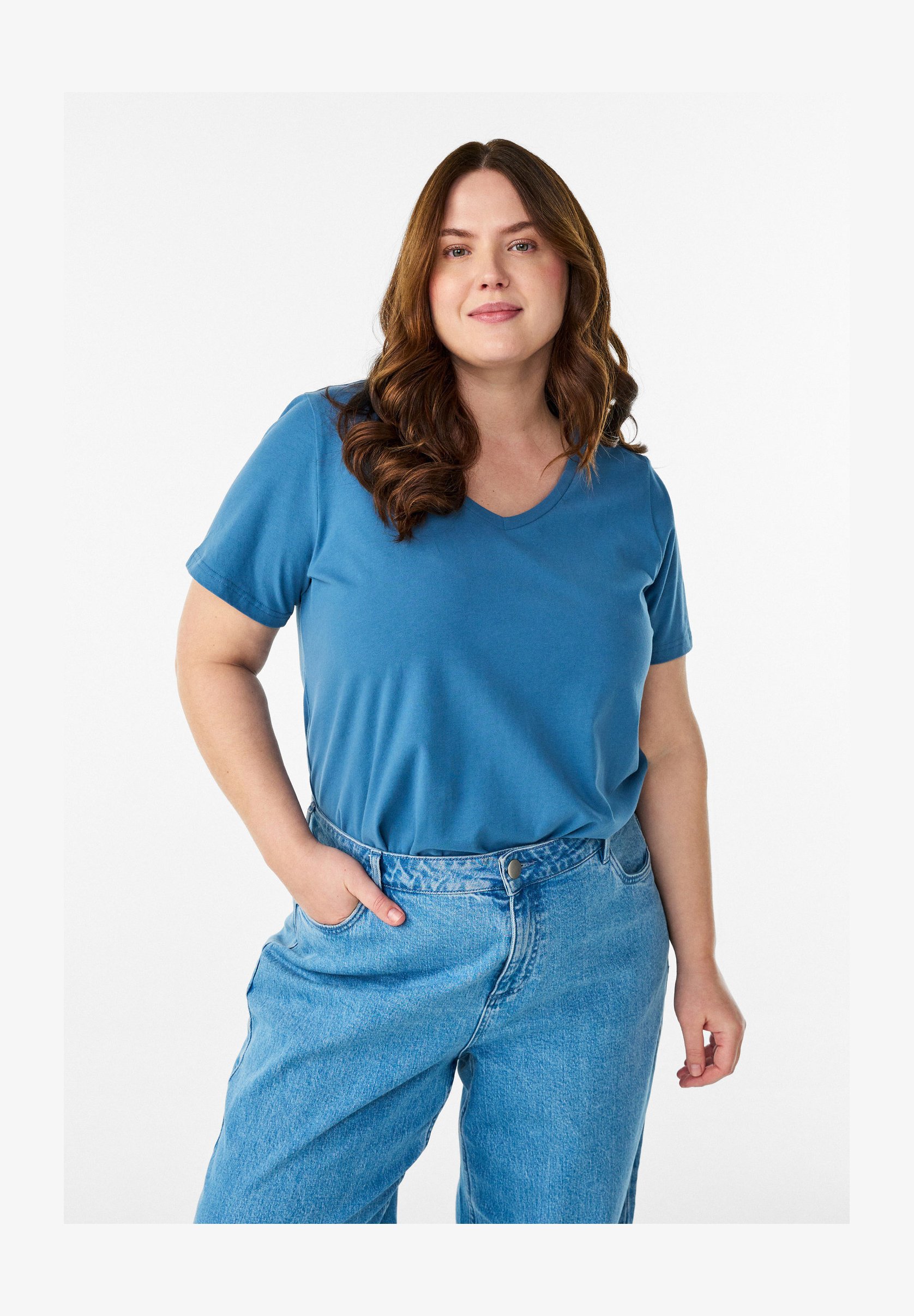 Ulla Popken T-Shirt Basic Con Scollo A V Per Donna - Celeste