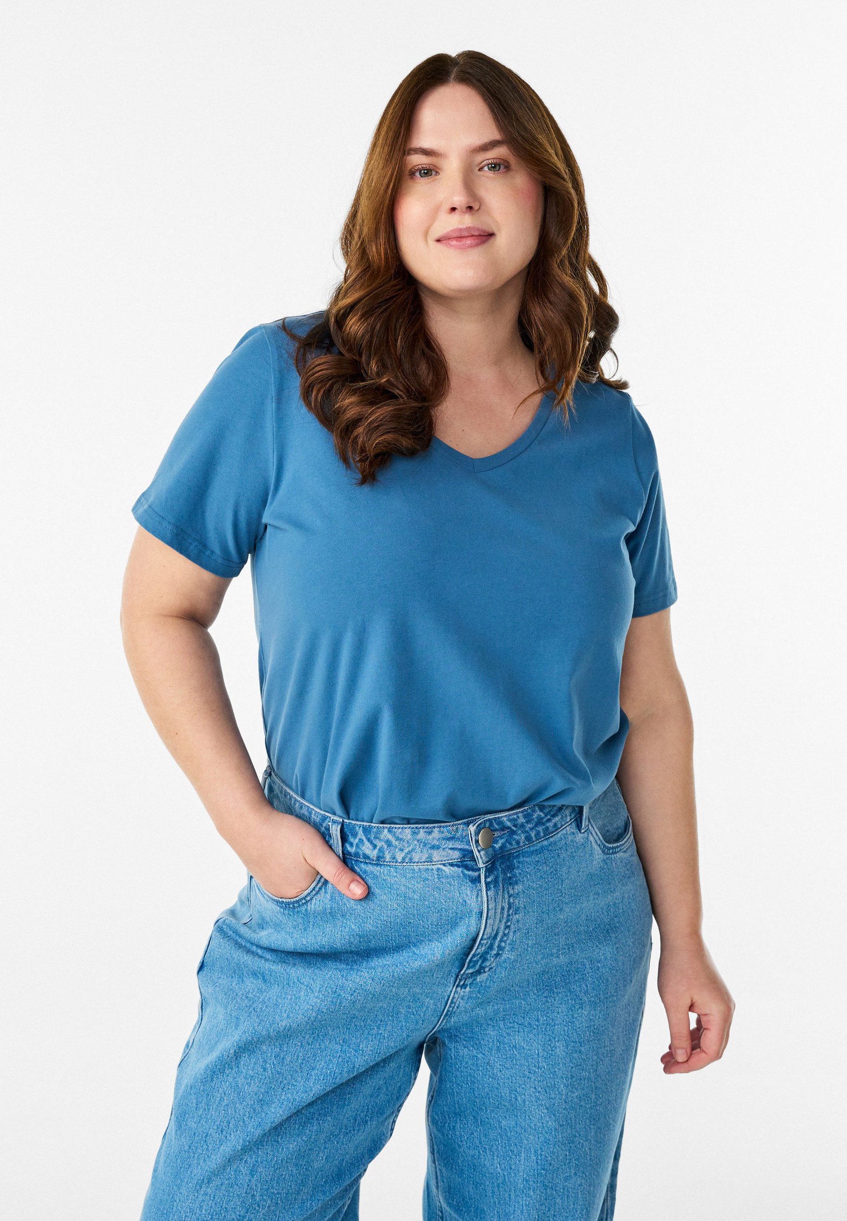 Ulla Popken T-Shirt Basic Con Scollo A V Per Donna - Celeste