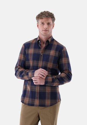 Long-sleeve plaid shirt featuring blue, orange, and cream check patterns. Made of soft fabric with a button-up front and pointed collar.
