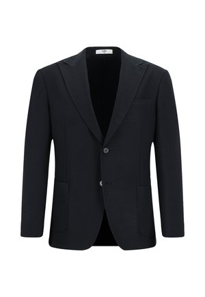 Blazer blu navy con chiusura a un bottone, risvolti con intaglio e due tasche frontali. Realizzato in tessuto liscio con una vestibilità sartoriale.