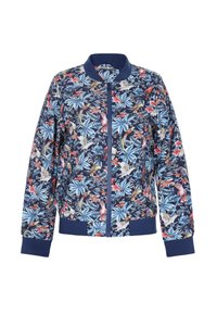 Giacca bomber floreale in blu navy con foglie blu e fiori rosa. Presenta polsini e colletto a coste, zip frontale e un tessuto leggero.