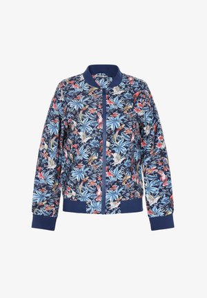 Bloemige bomberjack in marineblauw met blauwe bladeren en roze bloemen. Voorzien van geribbelde mouwen en kraag, een ritssluiting aan de voorkant en een lichtgewicht stof.