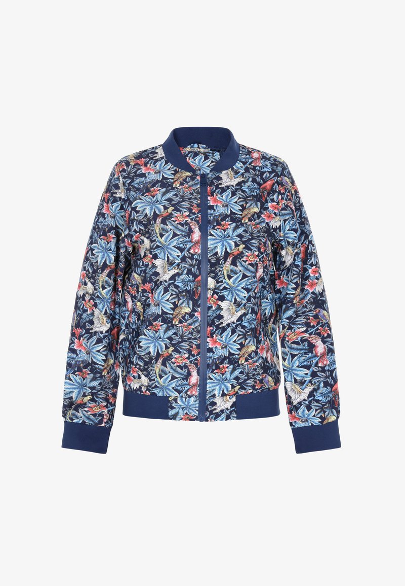 Jachetă de tip bomber florală, de culoare albastru marin, cu frunze albastre și flori roz. Dispune de mansete și guler ribatelor, închidere cu fermoar și o țesătură ușoară.