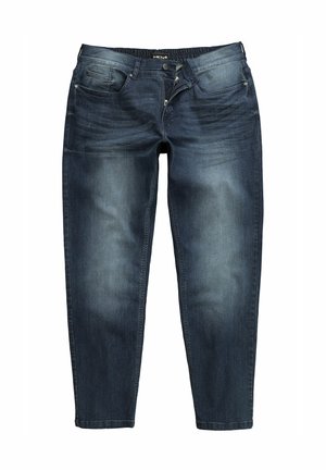 Donkerblauwe spijkerbroek van denim met een vervaagde afwerking. Heeft vijf zakken, riemlussen en een ritsluiting. Rechte pijp met gestikte details.