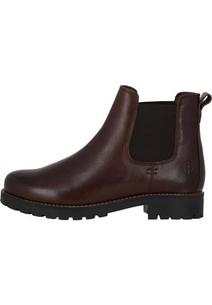 Botas Chelsea de cuero marrón con paneles laterales elásticos, punta redondeada y suela de goma. Presenta una asa y detalles de costura.