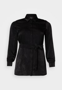 Black long-sleeve blouse made of smooth fabric, featuring a button-up front, collar, and a tied waist belt for a fitted silhouette.