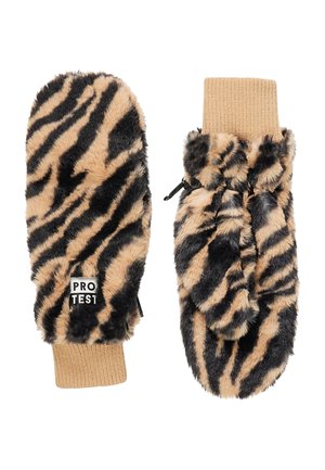 Moufles en fausse fourrure avec un imprimé tigre. Rayures marron et noires avec une manche en tricot beige. Comprend une étiquette de logo et un cordon ajustable pour un meilleur ajustement.