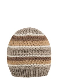 Knitted beanie in browns and creams with a textured, striped pattern, rounded top, and ribbed band detail at the base.