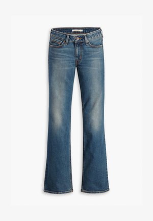 Blue denim bootcut jeans with five pockets and a button closure, featuring faded areas on thighs and knees.