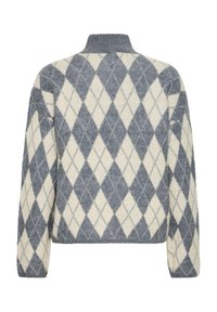 Maglione lavorato a maglia caratterizzato da un motivo a rombi in grigio e crema, con colletto alto e maniche a raglan. Texture morbida, vestibilità oversize.