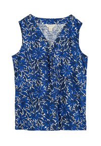 Blå blommig ärmlös topp med V-ringning, prydd med ett mönster av blå blommor och gröna blad på en vit bakgrund.