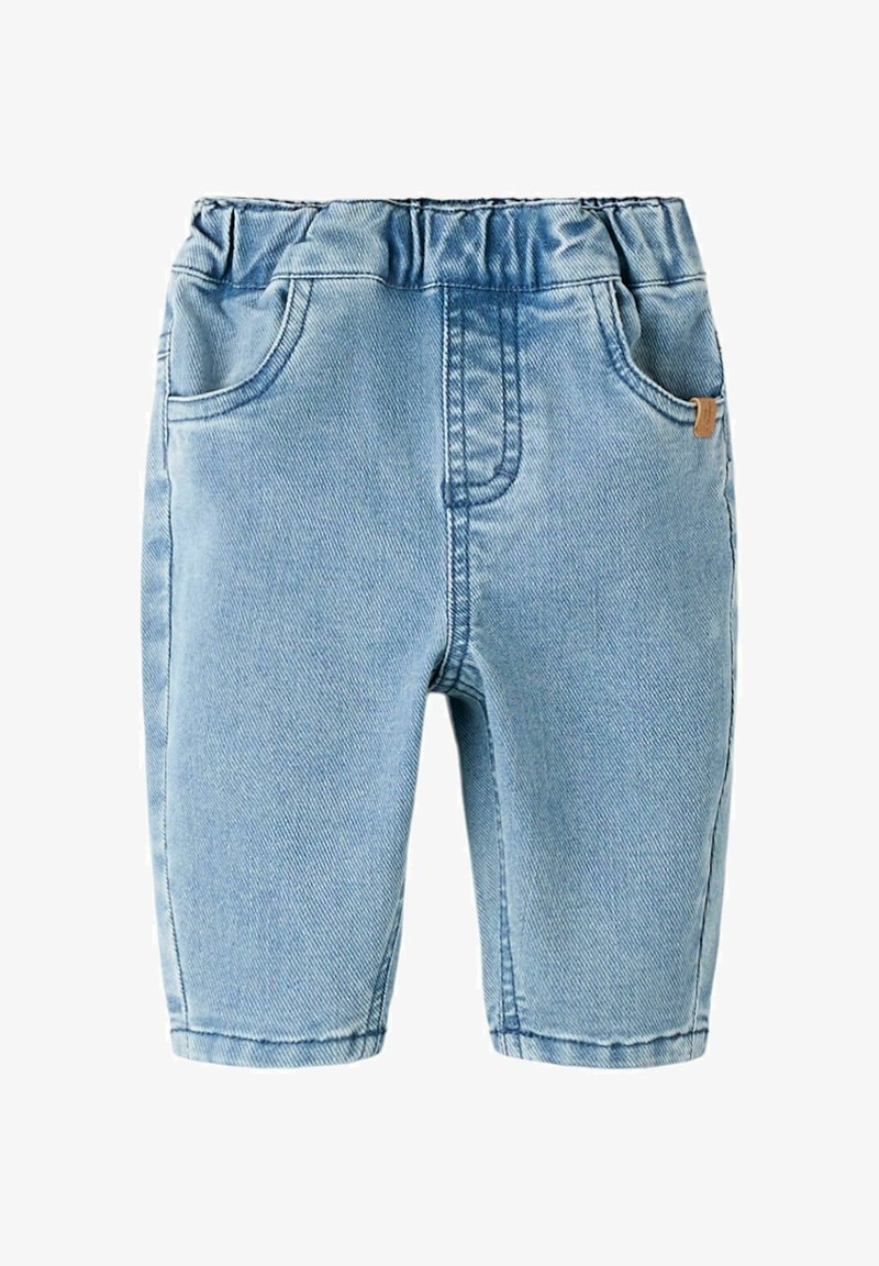 Lyseblå denimshorts med elastisk midje, frontlommer og detaljerte sømmer, designet for småbarn.