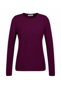 Top a maniche lunghe di colore viola scuro, realizzato in un tessuto morbido e strutturato. Presenta una scollatura rotonda e polsini a costine. Design semplice senza motivi.