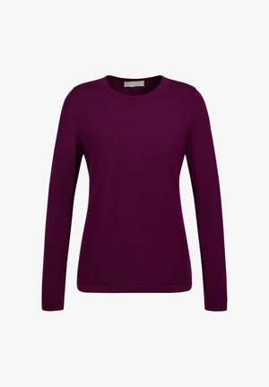 Haut à manches longues en violet profond, fabriqué dans un tissu doux et texturé. Présente un col rond et des poignets côtelés. Design simple sans motifs.