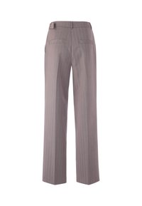 Gray, lightweight trousers with a straight leg design, featuring a subtle pinstripe pattern, two back pockets, and a waistband.