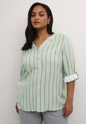 Camisa de botones verde menta con rayas verticales blancas y grises, diseño sin cuello y mangas enrolladas, confeccionada en tela ligera.