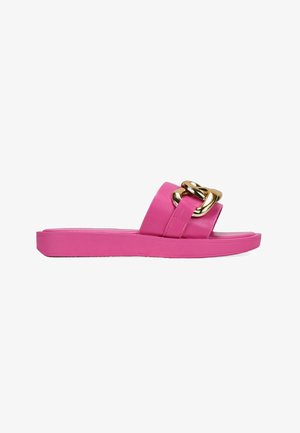 Infradito rosa con una larga fascia e un accento di catena dorata. Realizzato in materiale sintetico, con suola in gomma piatta e finitura liscia.