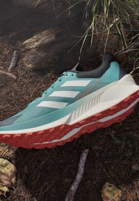 Hellblauer und schwarzer Sportschuh mit weißen Streifen und roter Sohle, der auf einem Waldboden mit Blättern und Zweigen liegt.