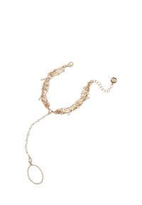 Bracelet chaîne en or avec accents de perles et de cristaux, design en couches avec un fermoir homard, chaîne d'extension avec un détail de boucle circulaire.