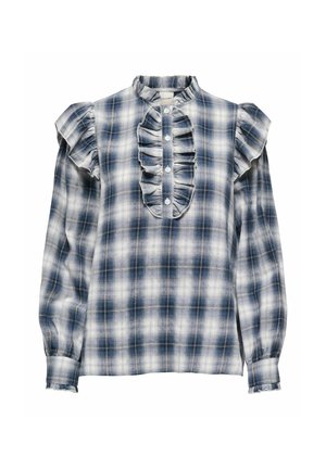 Blauwe en witte geblokte blouse met lange mouwen, geplooide kraag en knoopsluiting. Zachte stof met een lichte glans, met geplooide schouderdetails.