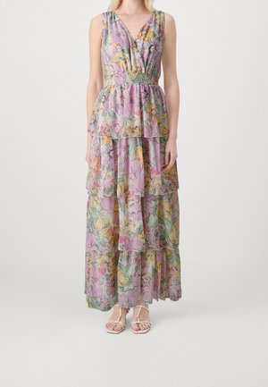 Maxikjole med blomstermønster i pastel farver, med V-udskæring, indsnævret talje og lagdelt, tieret design. Letvægtsstof.