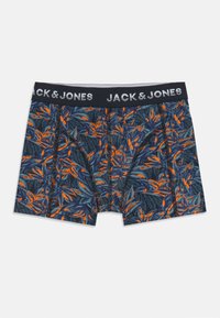 Kratke hlače, ki imajo mornarsko modro podlago z vzorcem tropskih listov in oranžnih ribic, elastičen pas z blagovno znamko "JACK & JONES".