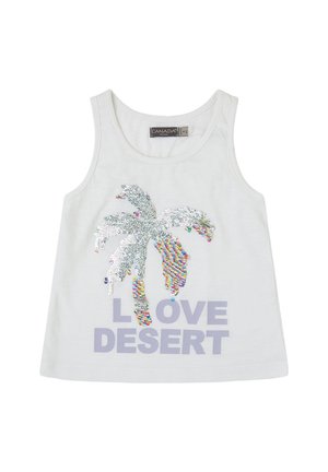 Camiseta sin mangas blanca con un diseño de palmera de lentejuelas plateadas y las palabras "LOVE DESERT" en impresión de color púrpura claro.