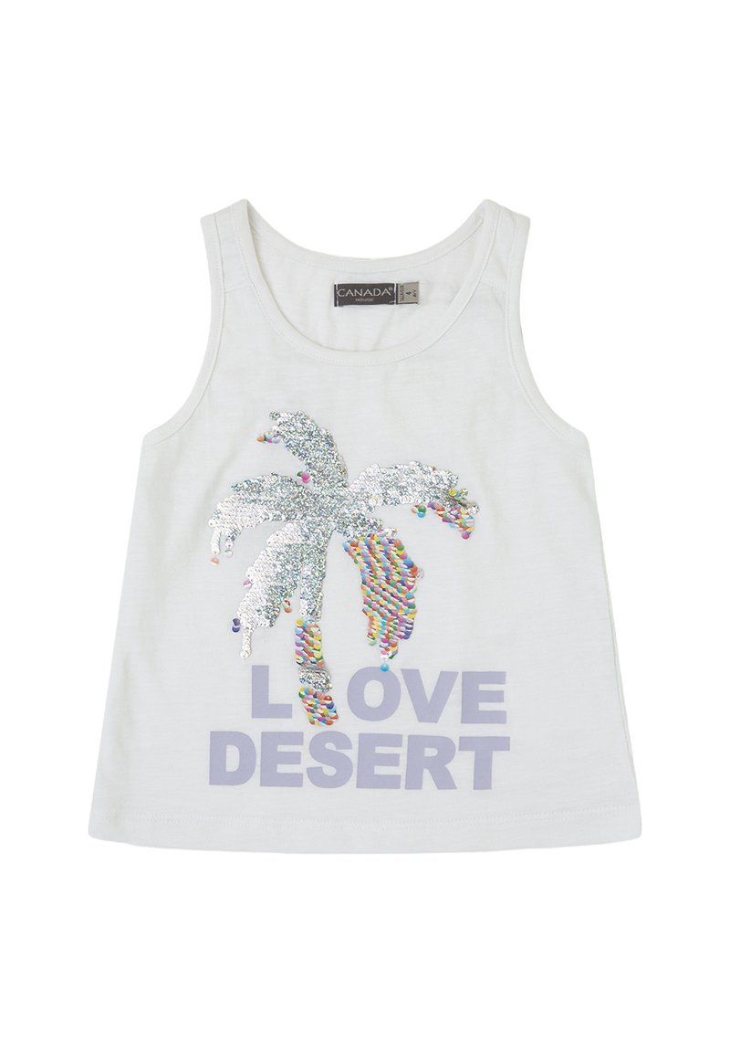 Camiseta sin mangas blanca con un diseño de palmera de lentejuelas plateadas y las palabras "LOVE DESERT" en impresión de color púrpura claro.