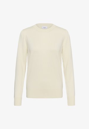 Krémově zbarvený dlouhý pletený svetr s mírně nabíranými rameny, žebrovanými manžetami a lemem, kulatý výstřih.