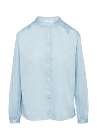 Lichtblauw button-up shirt met een bandkraag, lange mouwen en geplooide manchetten. Gemaakt van zachte, lichte stof met een eenvoudig ontwerp.