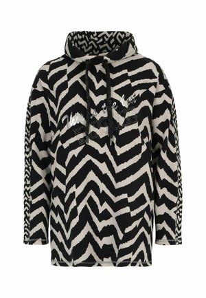 Schwarzer und cremiger Kapuzenpullover mit Zickzackmuster, ausgestattet mit Kordelzug, langen Ärmeln und Frontschriftzug mit punktierten Akzenten.