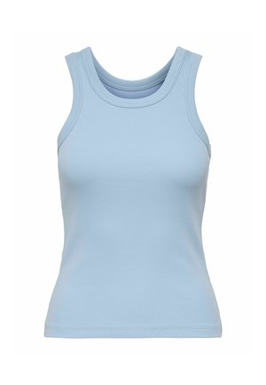 Top smanicato a coste azzurro chiaro con scollo rotondo, vestibilità aderente e spalline larghe.