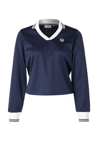 Polo navy a maniche lunghe con colletto a V bianco, motivo a righe verticali, logo Fila sul petto e polsini a righe bianche.
