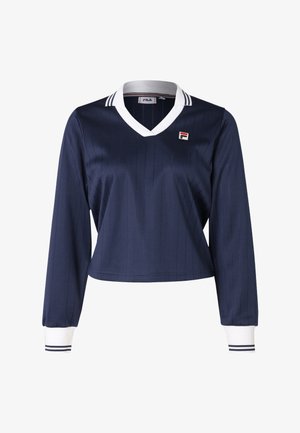 Polo navy a maniche lunghe con colletto a V bianco, motivo a righe verticali, logo Fila sul petto e polsini a righe bianche.