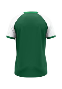 Grünes Sportshirt mit weißen Raglanärmeln, runder Halslinie und glatter Textur. Das Design ist schlicht ohne zusätzliche Muster oder Akzente.