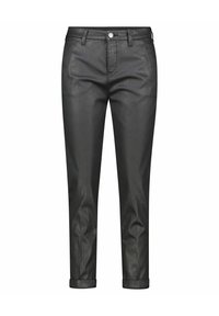 Schwarze Denim-Hosen im Slim-Fit mit Knopfverschluss und umgeschlagenen Säumen. Glatte Textur mit minimalen Nähdetails.