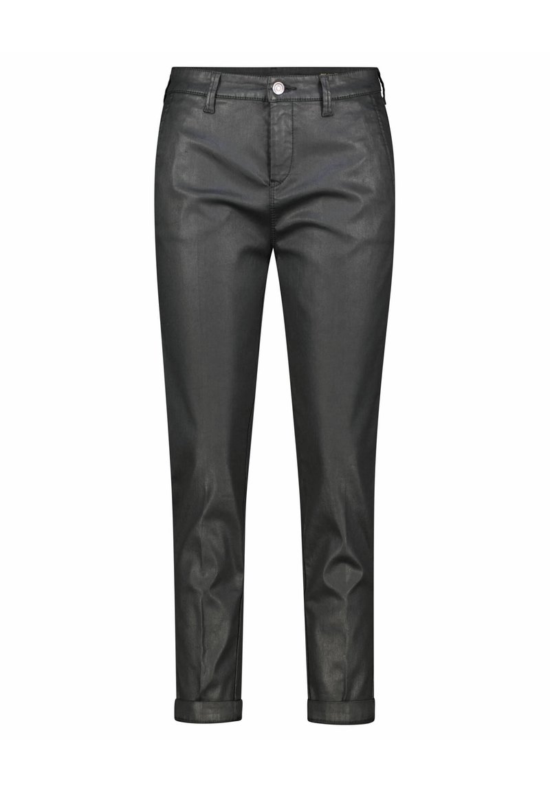 Schwarze Denim-Hosen im Slim-Fit mit Knopfverschluss und umgeschlagenen Säumen. Glatte Textur mit minimalen Nähdetails.