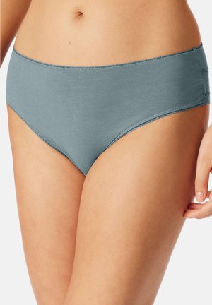 Grijze katoenen slip met een gladde afwerking, elastische tailleband en decoratieve stiksels langs de randen voor extra detail.