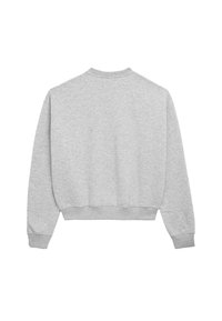 Szürke, rövidített pulóver hosszú ujjal, bordás nyakkivágással és mandzsettákkal, puha pamut keverékből készült, sima textúrával és minimalista dizájnnal.