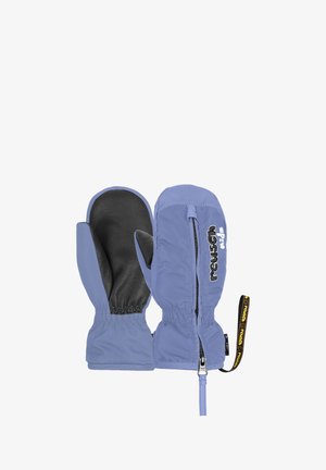 Lila Fäustlinge mit schwarzer Lederinnenfläche, elastischem Handgelenk und Reißverschluss. Mit Branding auf der Außenseite und einer strukturierten Oberfläche.