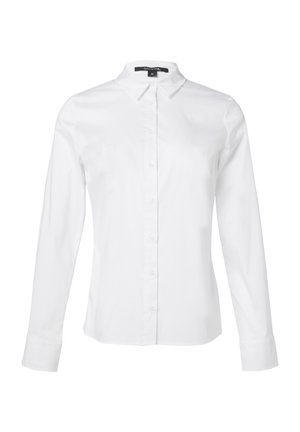White long-sleeve shirt made of smooth cotton fabric, featuring a front button closure and a classic collar design.